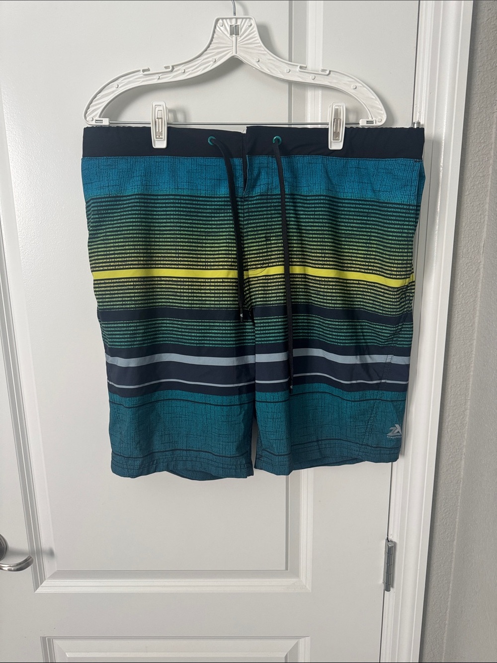 ZeroXposur Teal Stripe Swim Shorts with Yellow Accent